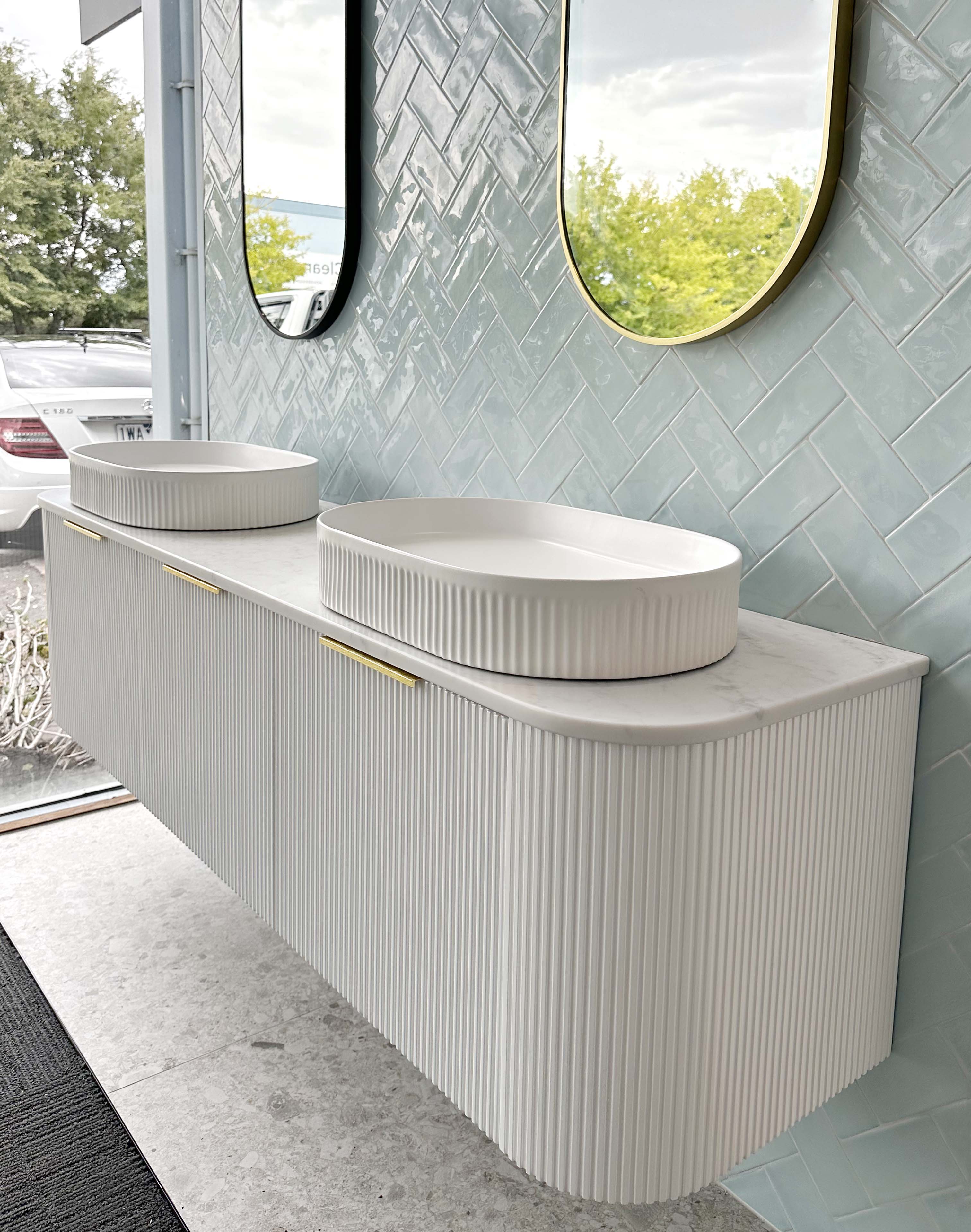 Bondi 1800mm Satin White Fluted Wall Hung Curve Cabinet