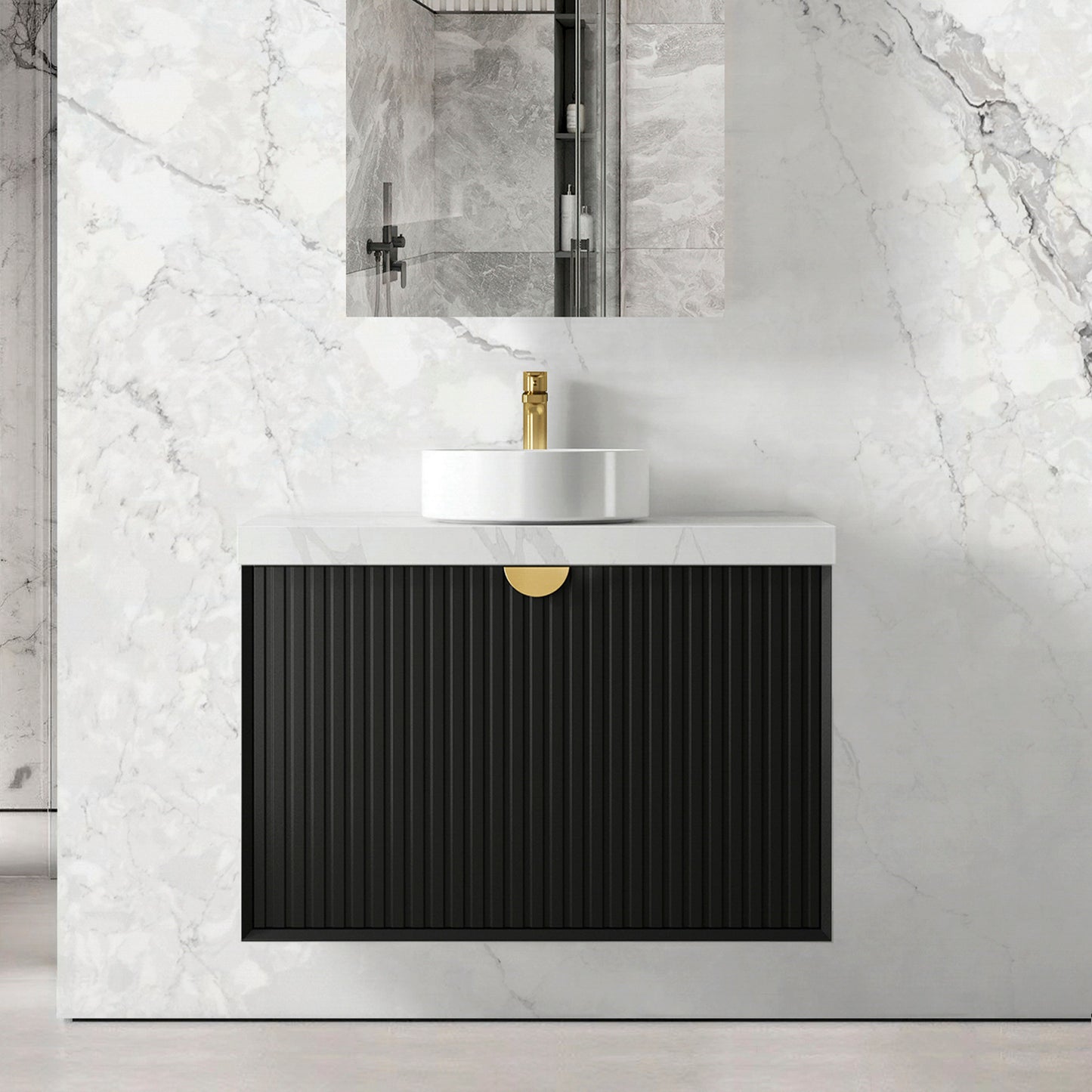 Marlo 900mm Matte Black Wall Hung Vanity with Ceramic Top
