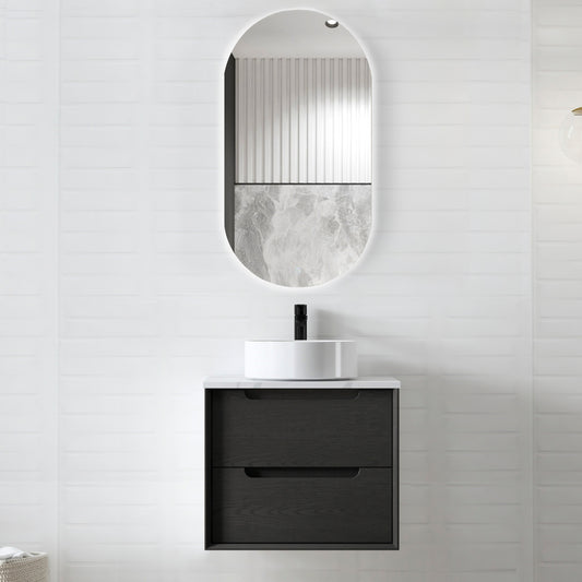 Byron 600mm Black Oak Wall Hung Vanity with Mont Blanc Top 12TH