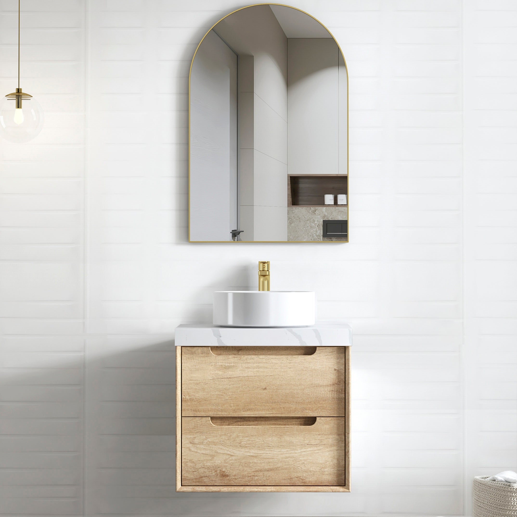 Byron 600mm Natural Oak Wall Hung Vanity with Mont Blanc 60mm Top 12TH