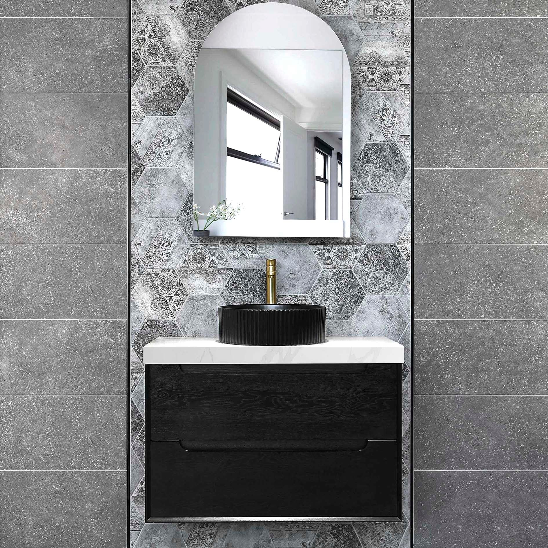 Byron 750mm Black Oak Wall Hung Vanity with Mont Blanc 60mm Top 12TH