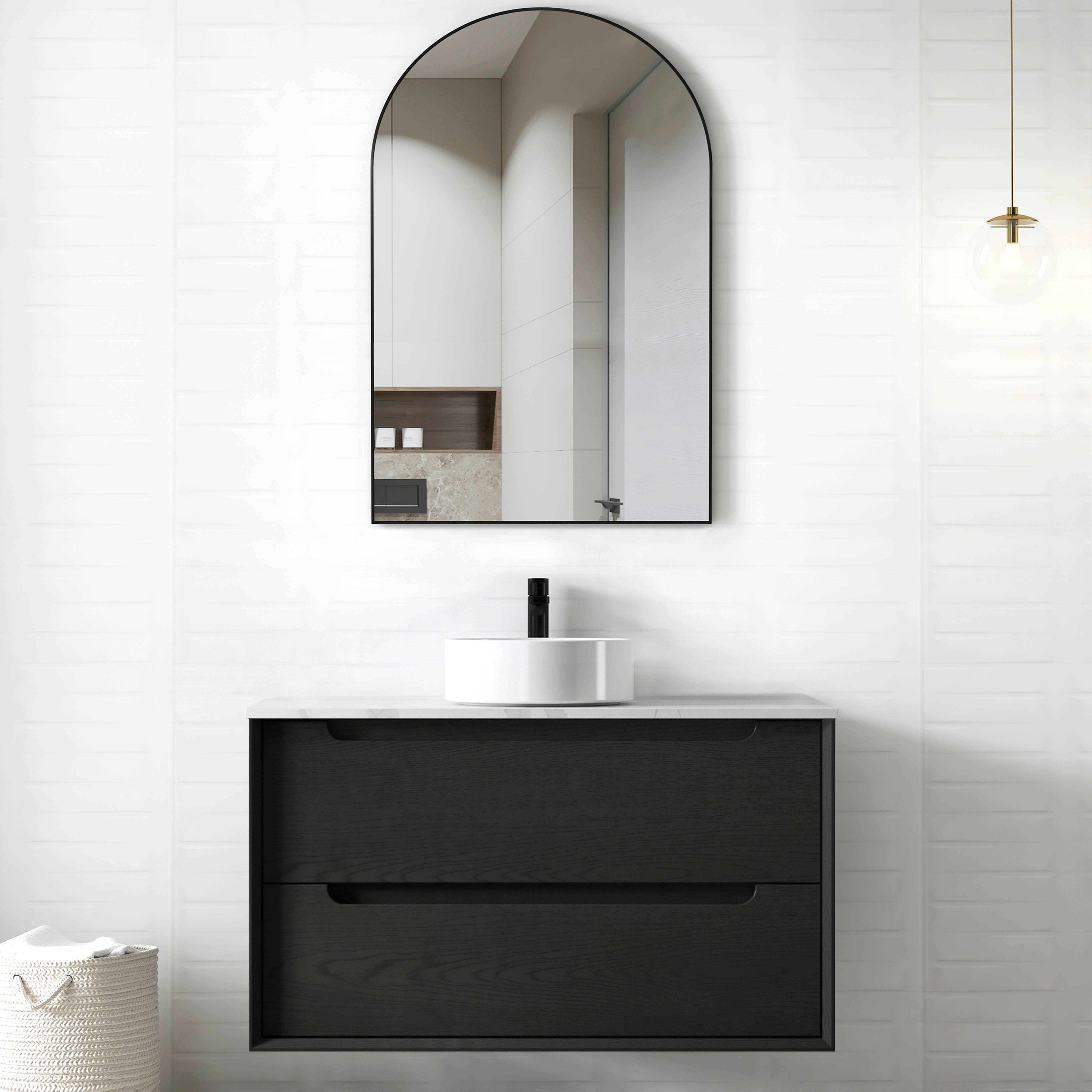 Byron 900mm Black Oak Wall Hung Vanity with Mont Blanc Top 12TH