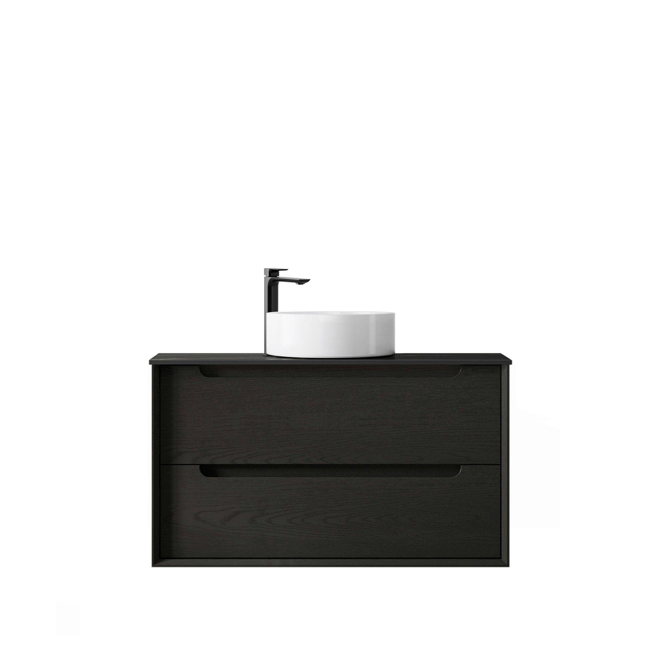 Byron 900mm Black Oak Wall Hung Vanity with Empire Black Top 10TH