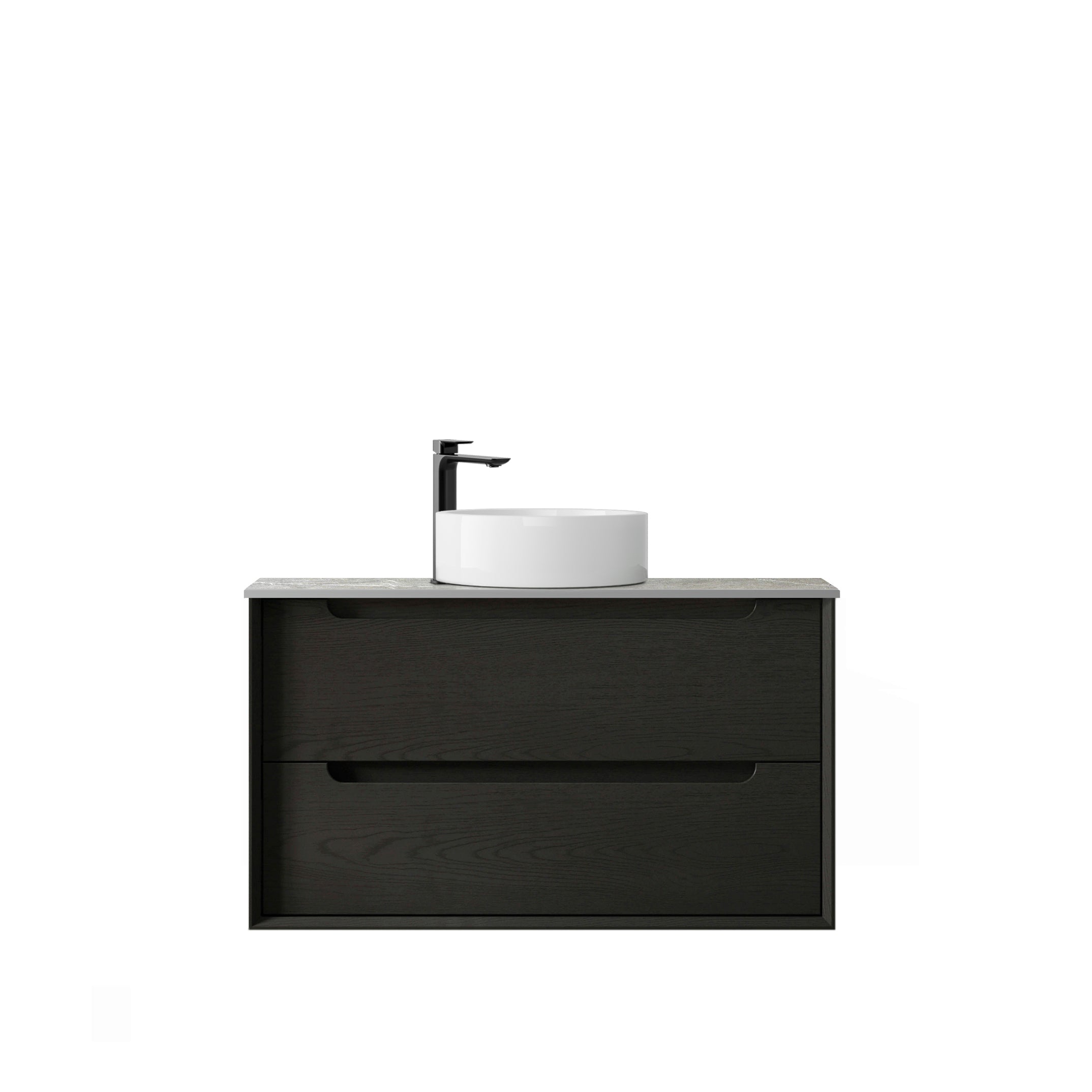 Byron 900mm Black Oak Wall Hung Vanity with Amani Grey Top 10TH