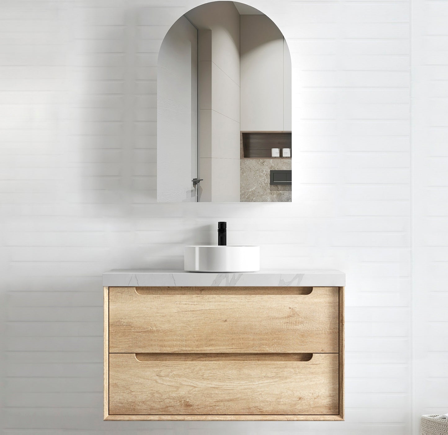 Byron 900mm Natural Oak Wall Hung Vanity with Mont Blanc 60mm Top 12TH