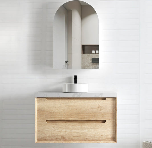 Byron 900mm Natural Oak Wall Hung Vanity with Mont Blanc 60mm Top 12TH