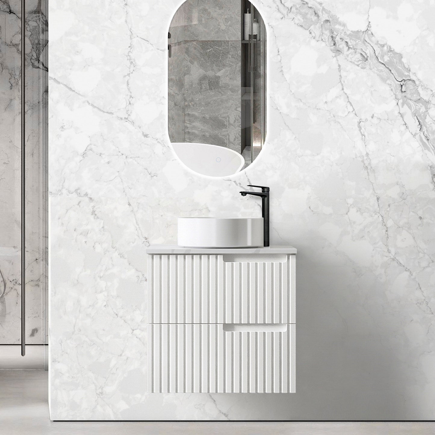 Noosa 600mm Satin White Wall Hung Vanity with Mont Blanc Top 2TH
