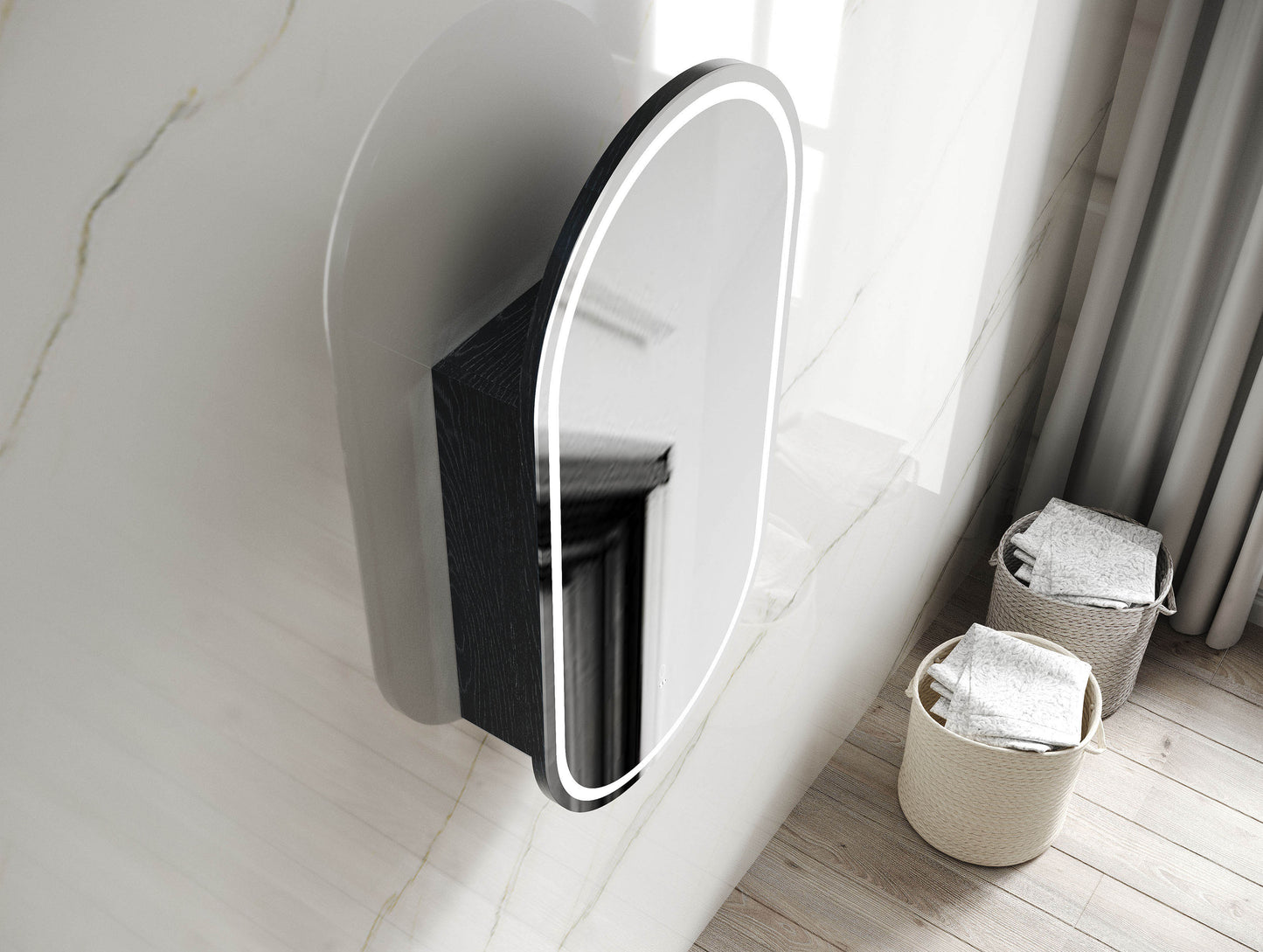 LED Noosa Oval Shape Shaving Cabinet Black Oak